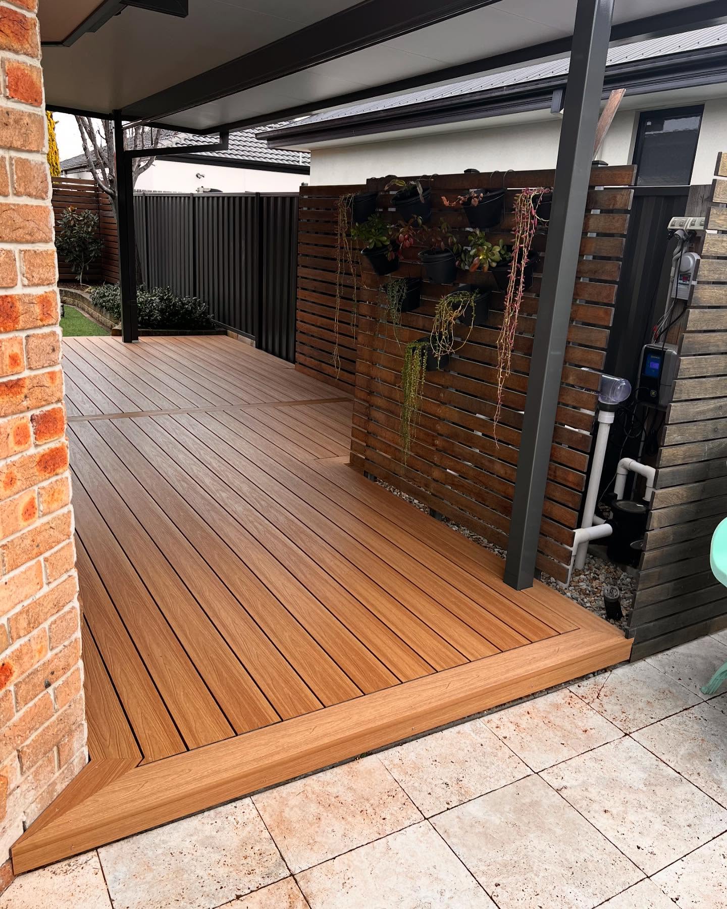 Close-up of hardwood deck boards and balustrade detail, BRT Building Canberra