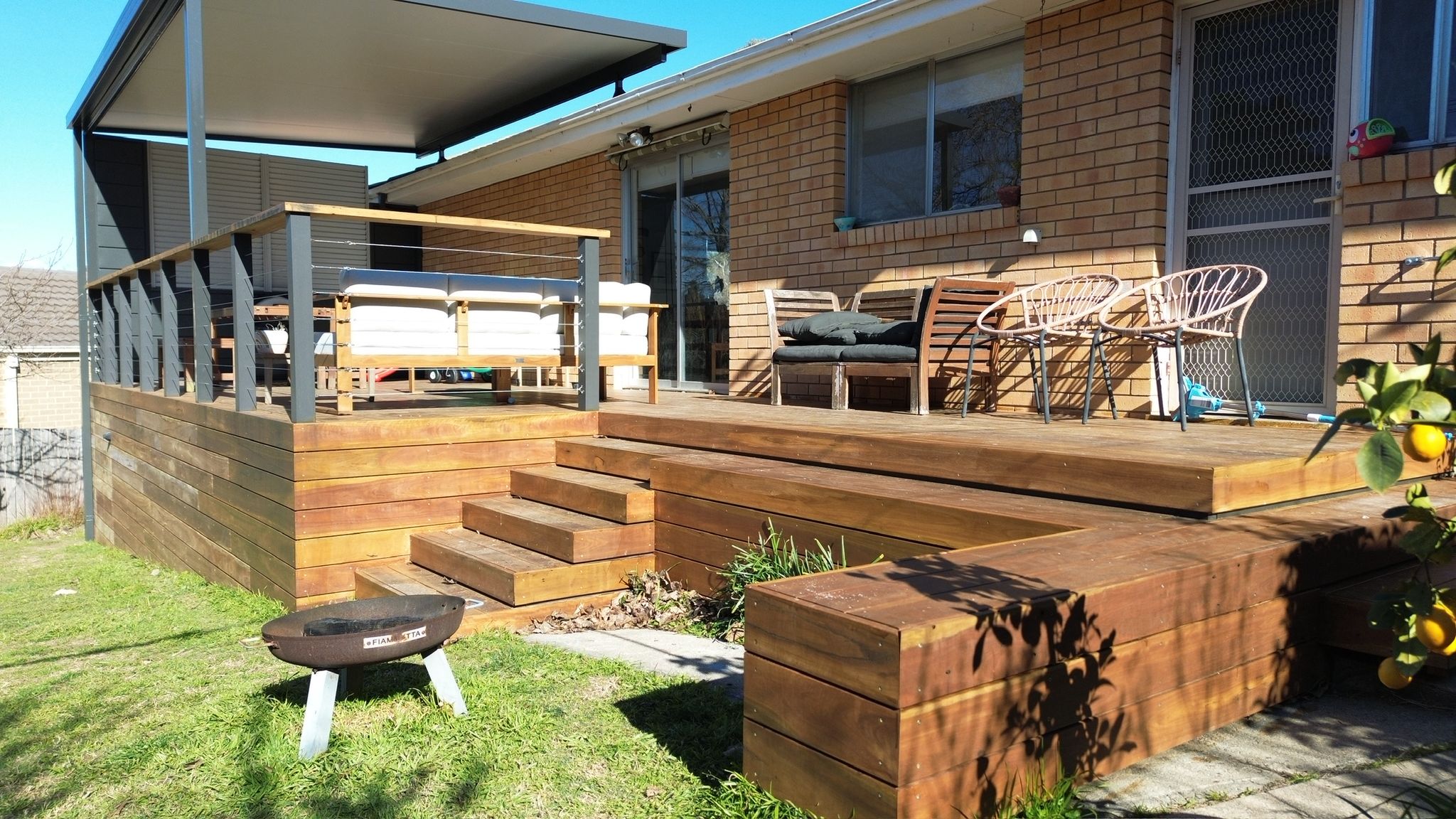 Pergola over Spotted Gum timber deck with balustrade and Dominion cladding, Fisher Canberra