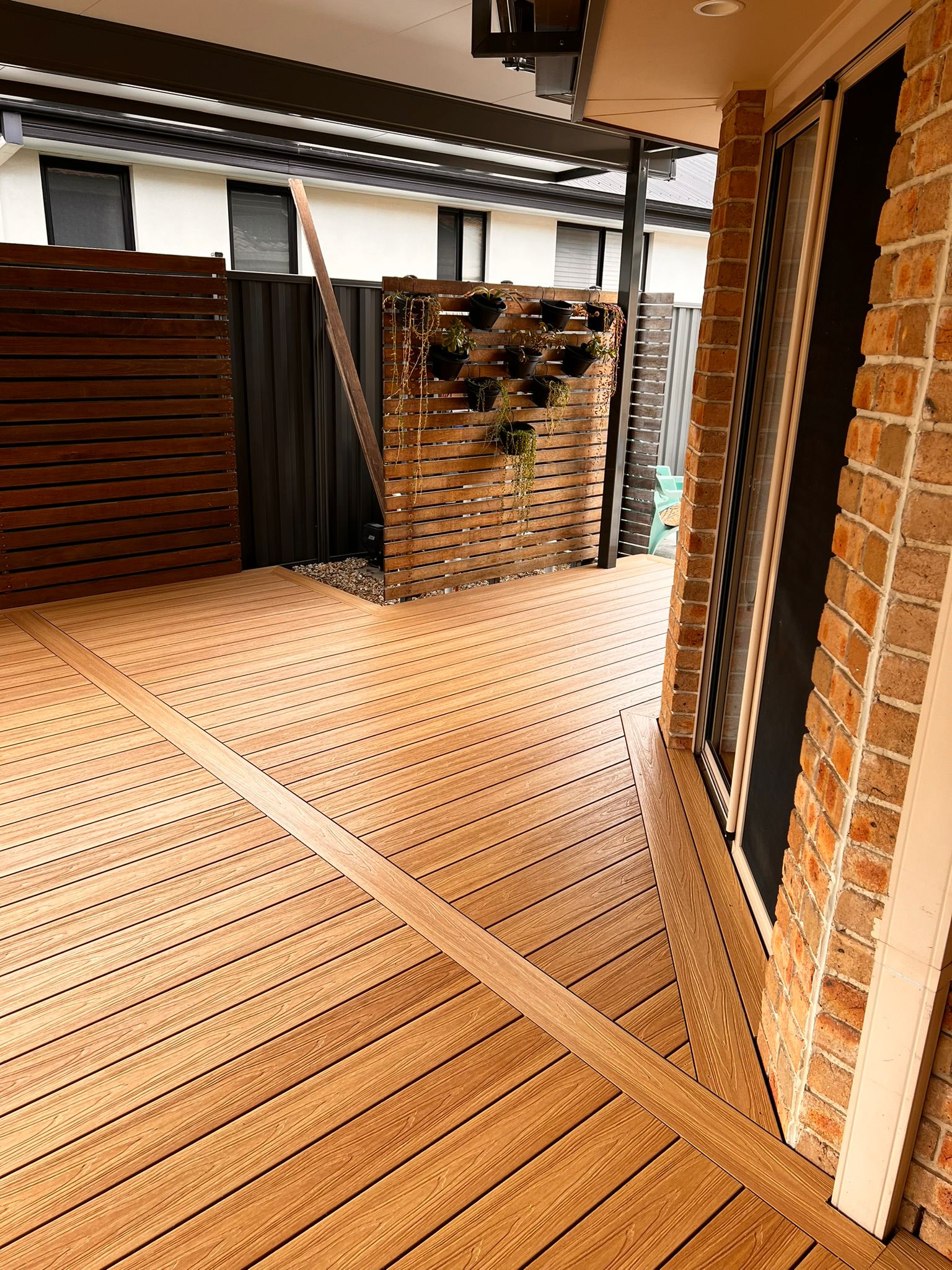 Composite deck detail around pool with pergola above, McKellar Canberra